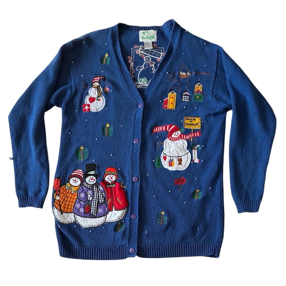 The Quacker Factory Vintage Women’s Blue Grandmacore Snowman Cardigan Size Small